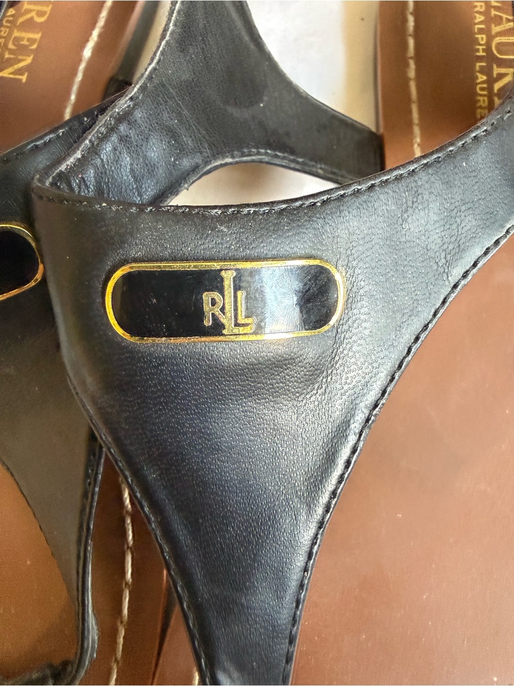 Ralph Lauren Black Leather “Parsi” T-Strap Sandals with Gold Accents - Picture 3 of 6
